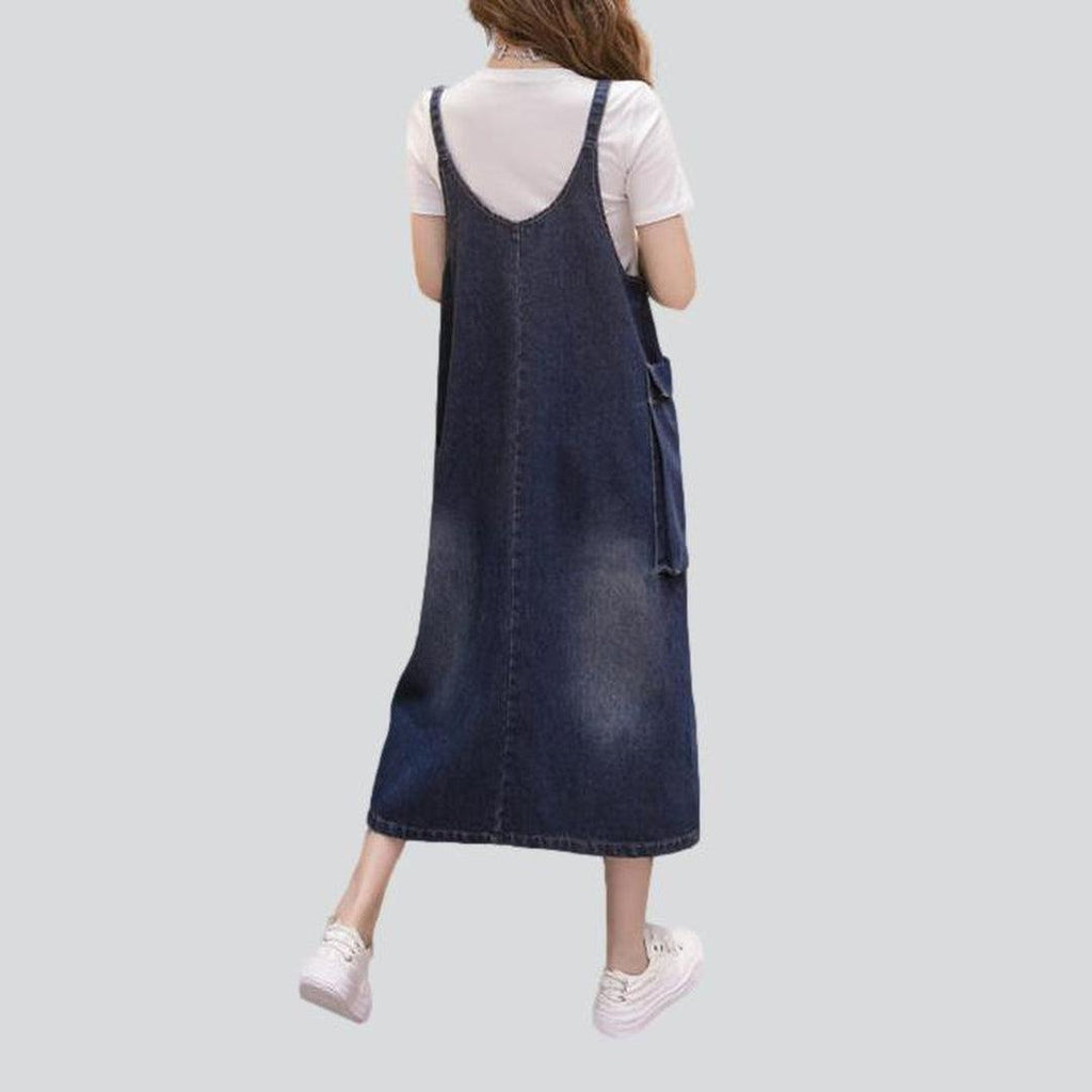 Denim Strappy Patch-Pocket Pinafore Midi Dress 4