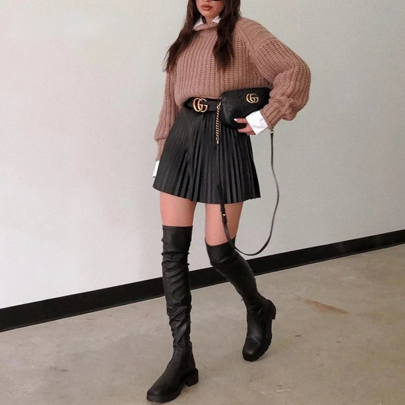 High Waist Pleated Faux Leather Skirt
