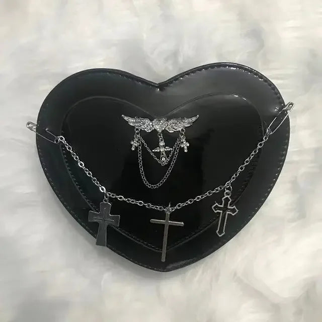 Y2K Subculture Women Cross Heart Shaped Punk Gothic Crossbody Shoulder Bag Black / 18X17X5Cm