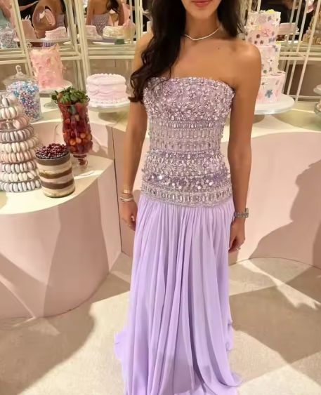 Classy Strapless Purple Chiffon Beaded Long Party Dress Evening Gown D1278