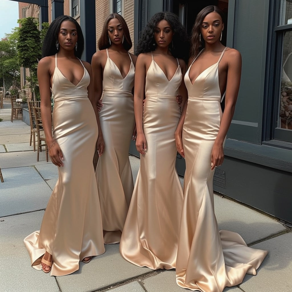 HB8101 - Mermaid Bridemamid Dresses V Neck Spaghetti Straps Long Wedding Guest Dress - Fashionpara