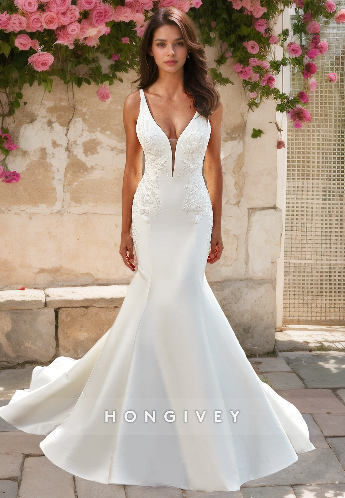 Sexy Satin Trumpet V-Neck Straps Sleeveless Empire Beaded Appliques With Train Wedding Dress