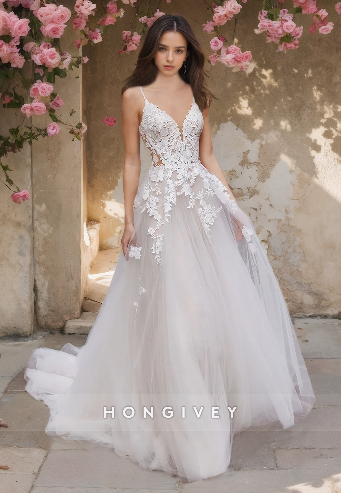 Applique Tulle with Train A-Line Wedding Dress Classic Bride Gown