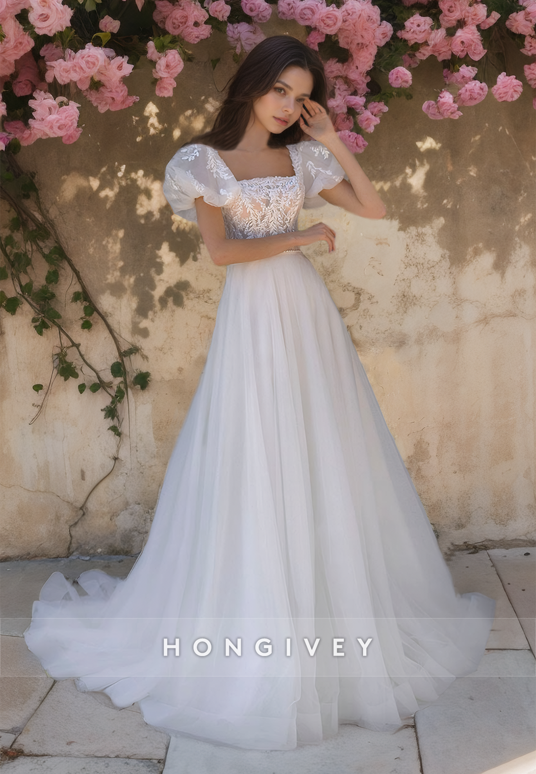 Sweet Square Short Sleeves A-Line Applique Tulle Wedding Dress New