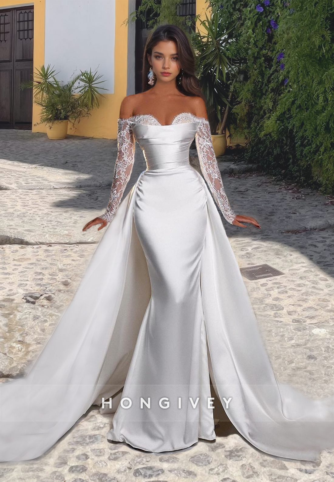 Strapless Long Sleeves Sheath with Detachable Train Satin Wedding Dress