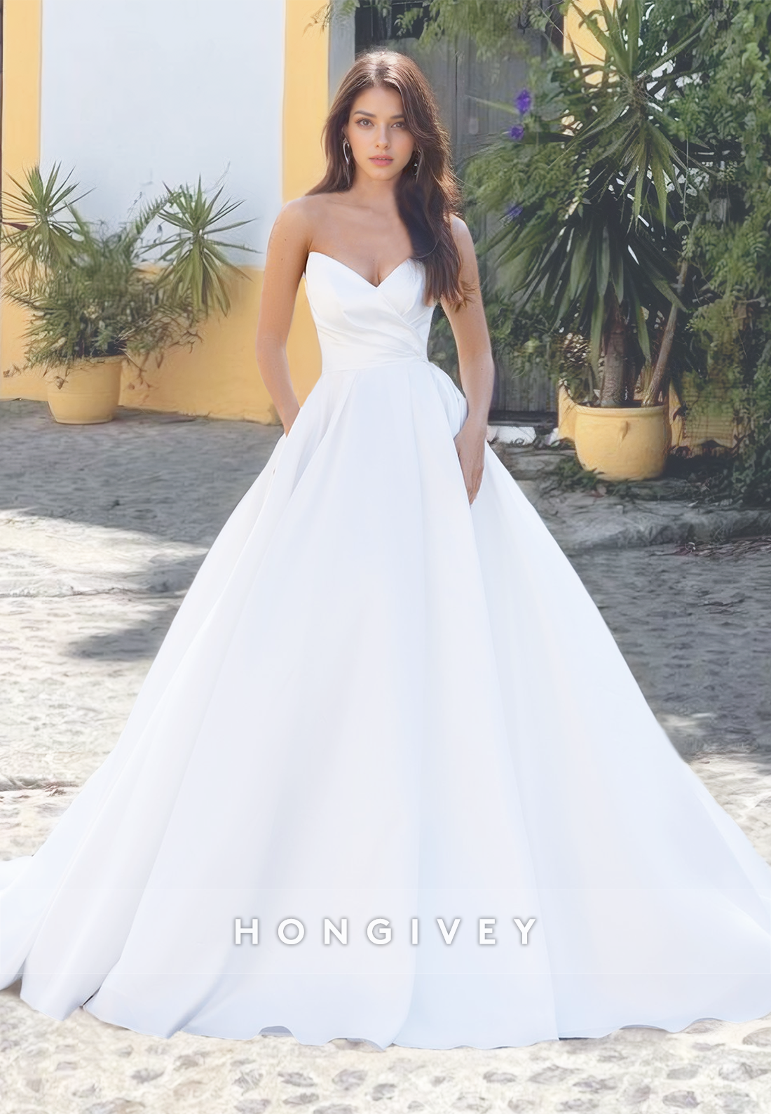 Strapless A-Line Satin Wedding Dress Simple Bride Gown Engagement