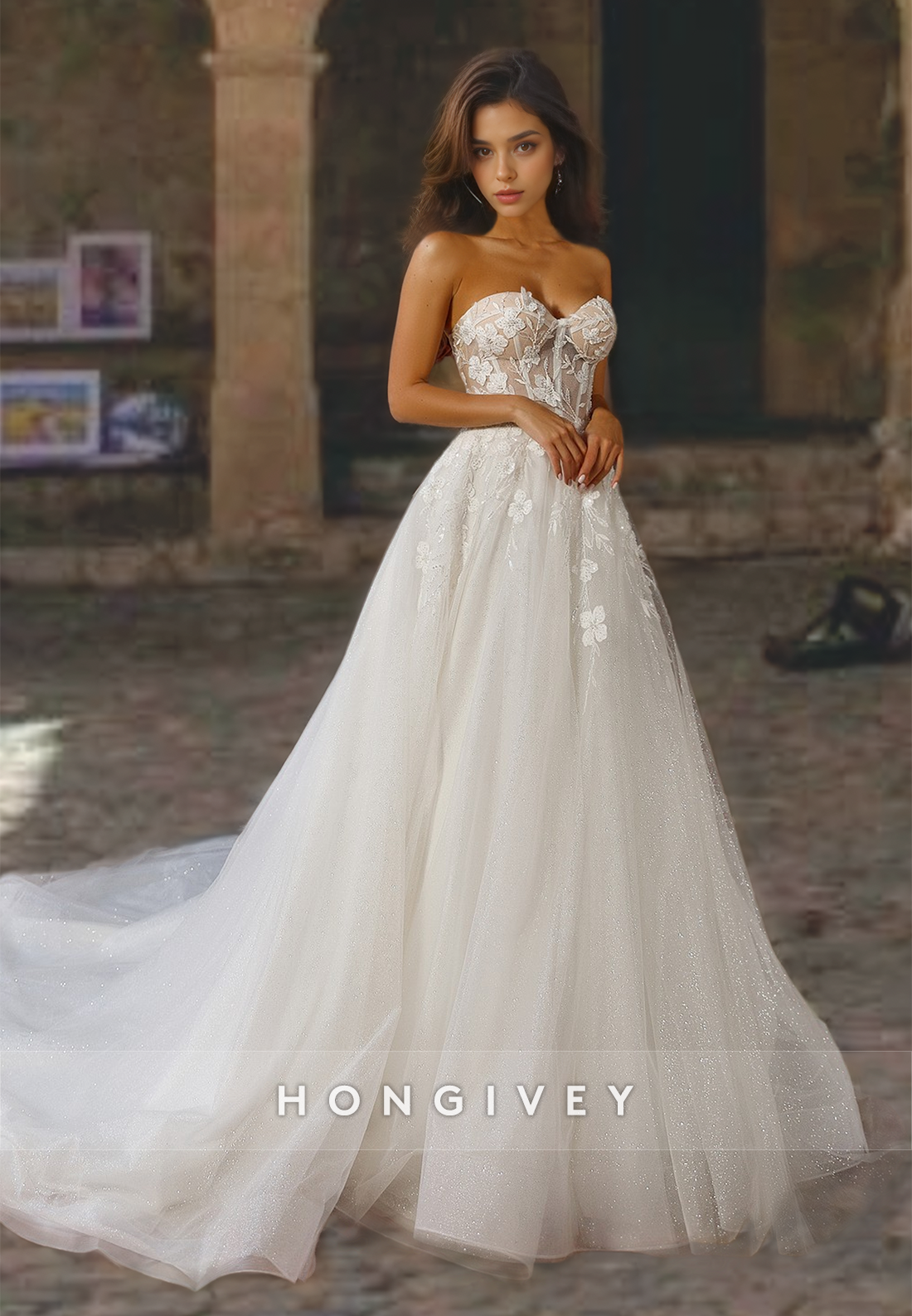 Floral Applique Strapless Tulle with Train Wedding Dress Bride Gown