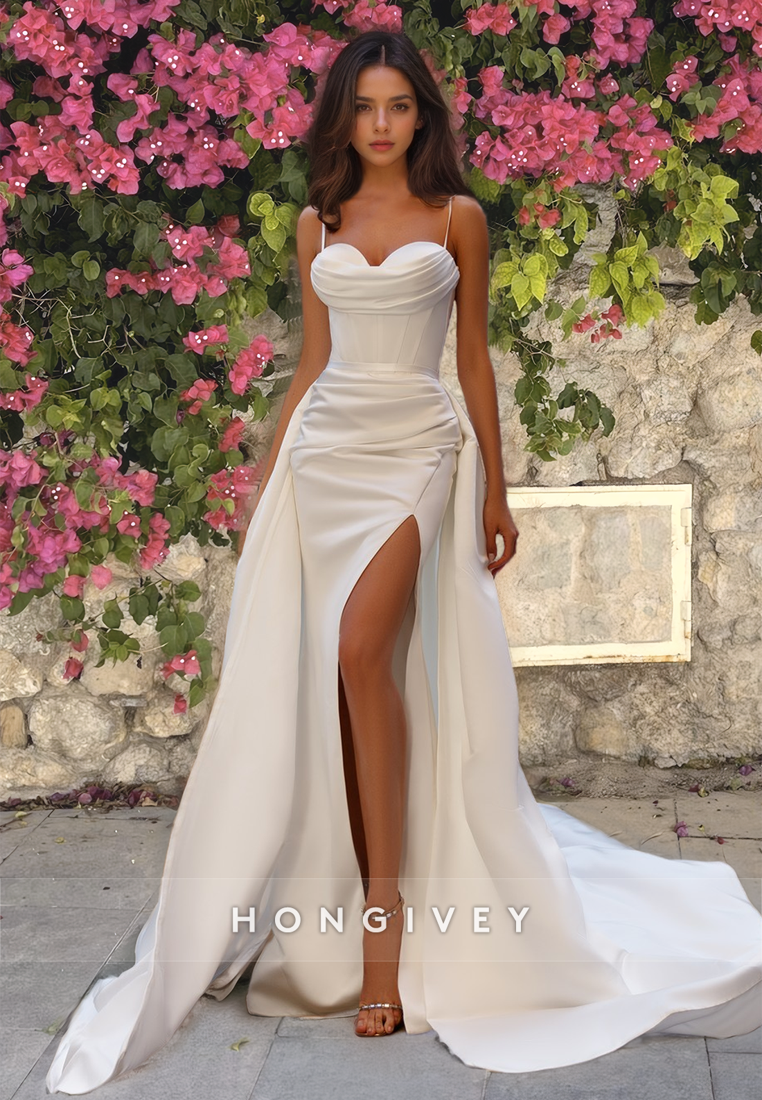 Sexy Ruched Satin Mermaid with Train Wedding Dress Classic Bride Gown