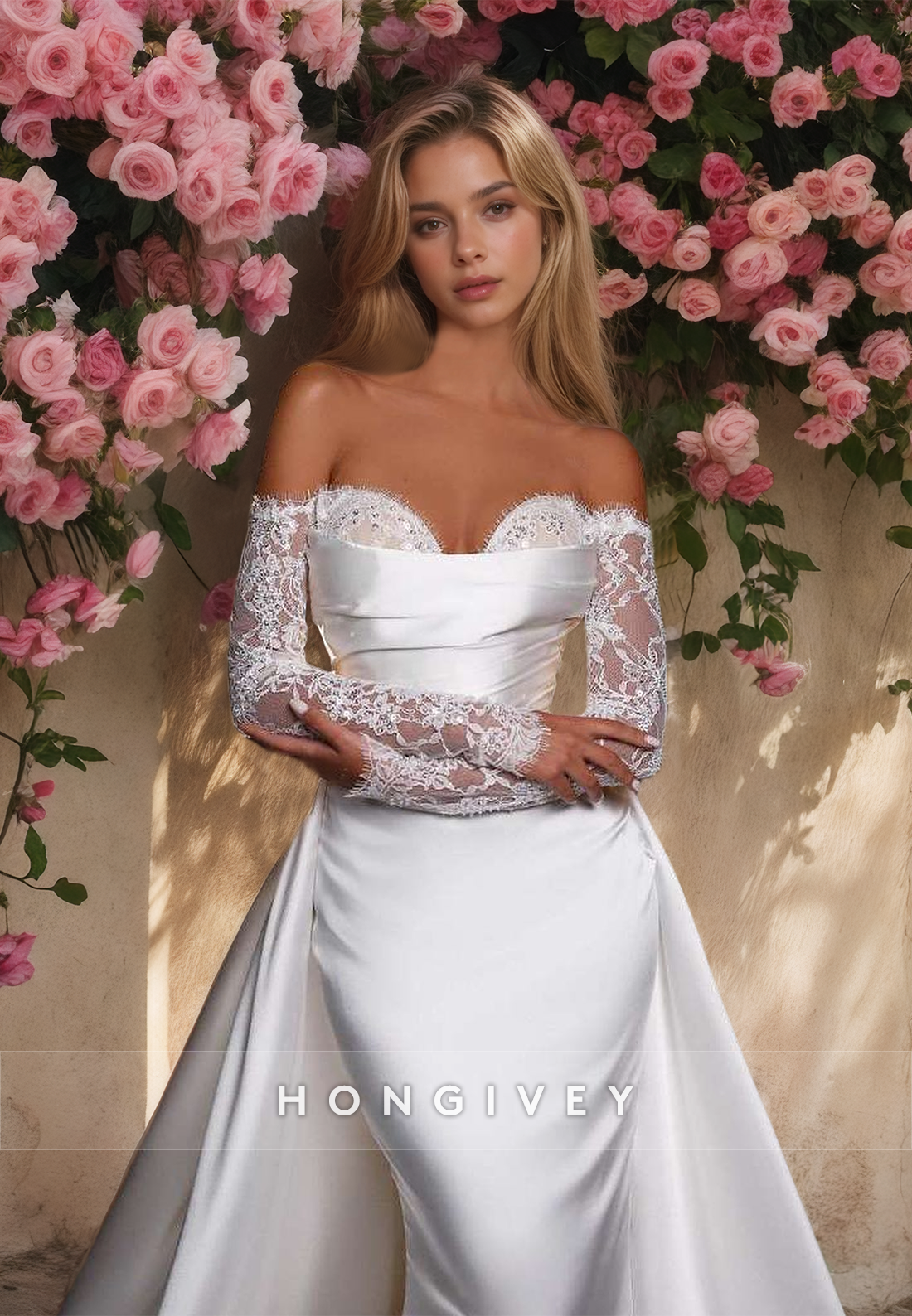 Strapless Long Sleeves Sheath with Detachable Train Satin Wedding Dress