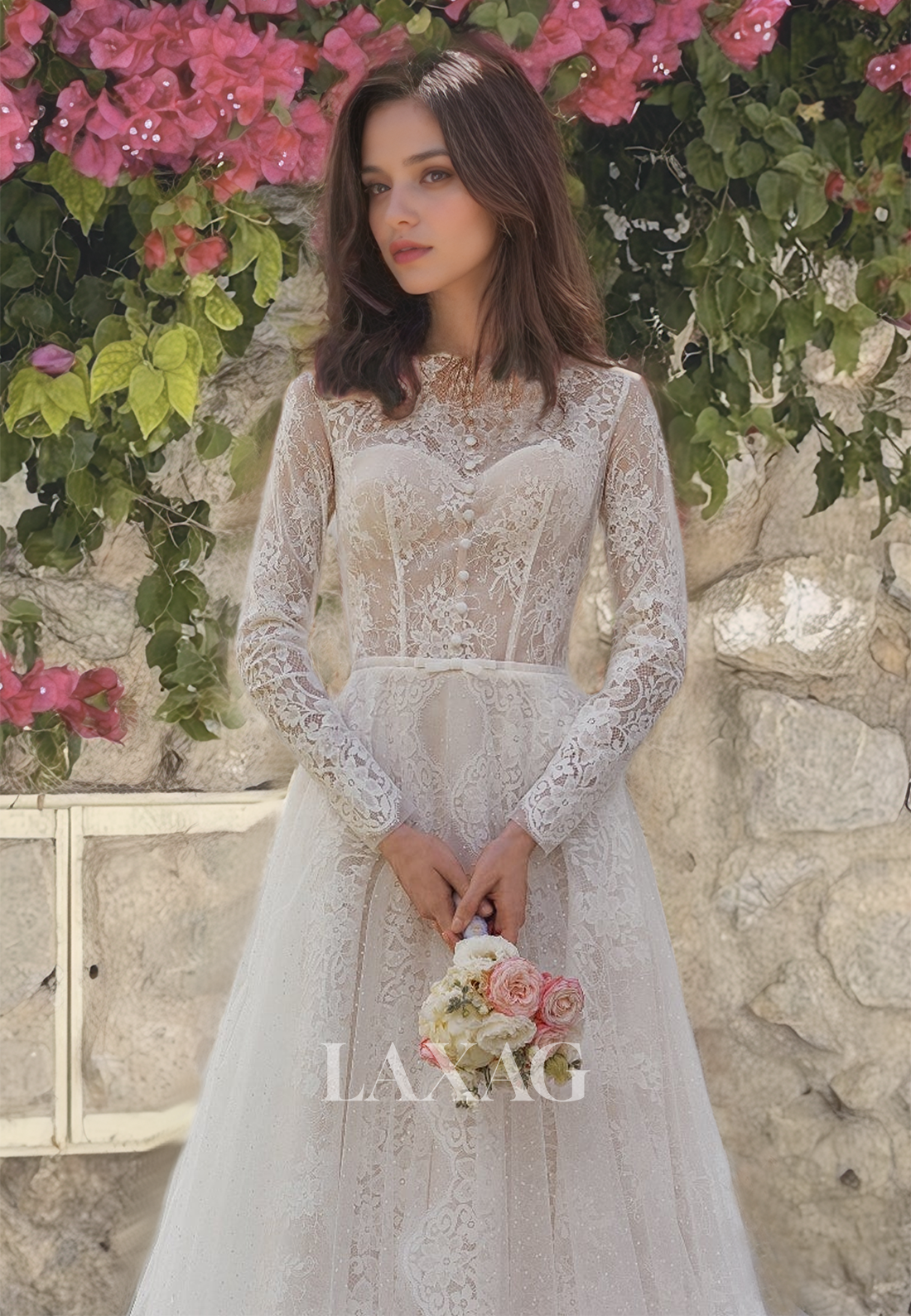 Ornate High-Neck Long Sleeves A-Line Weeding Dress Allover Lace Cutout with Train Bridal Gowns - Fashionpara