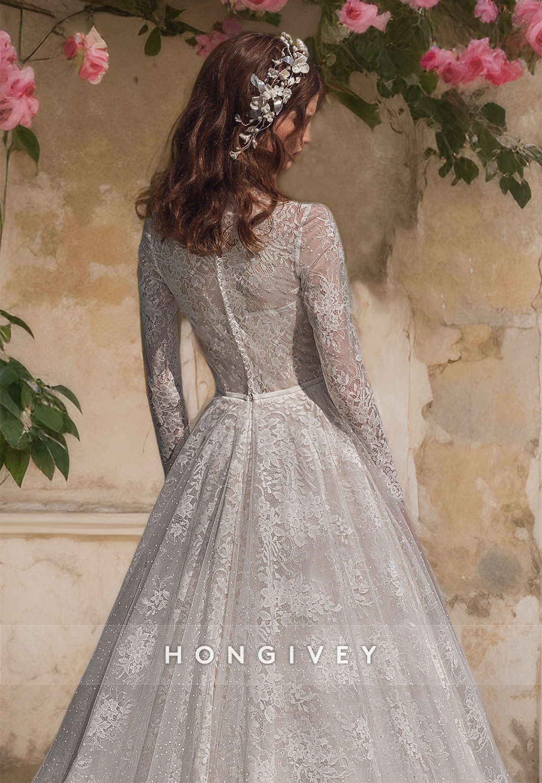 Chic O-Neck Lace Applique A-Line with Train Wedding Dress Bride Gown