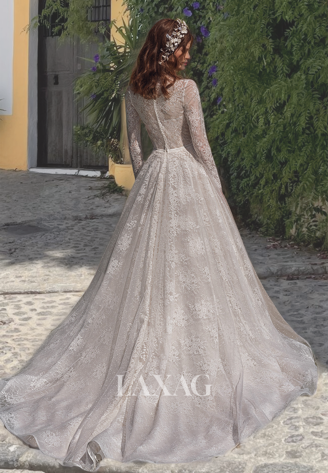 Ornate High-Neck Long Sleeves A-Line Weeding Dress Allover Lace Cutout with Train Bridal Gowns - Fashionpara