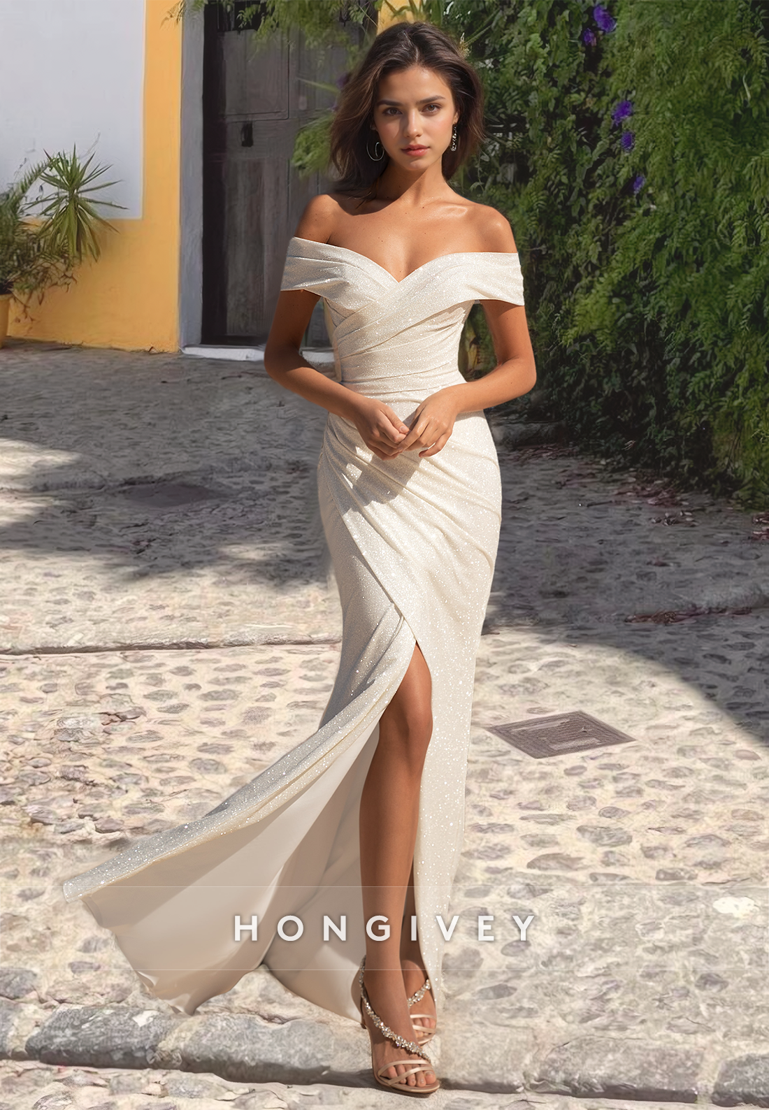 Sexy Glitter Off-Shoulder with Side Slit Ruched Engagement Wedding Dress