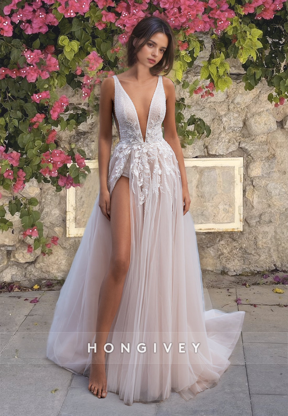 Sexy Deep V-Neck Side Slit Applique Tulle Beach Wedding Dress Gown