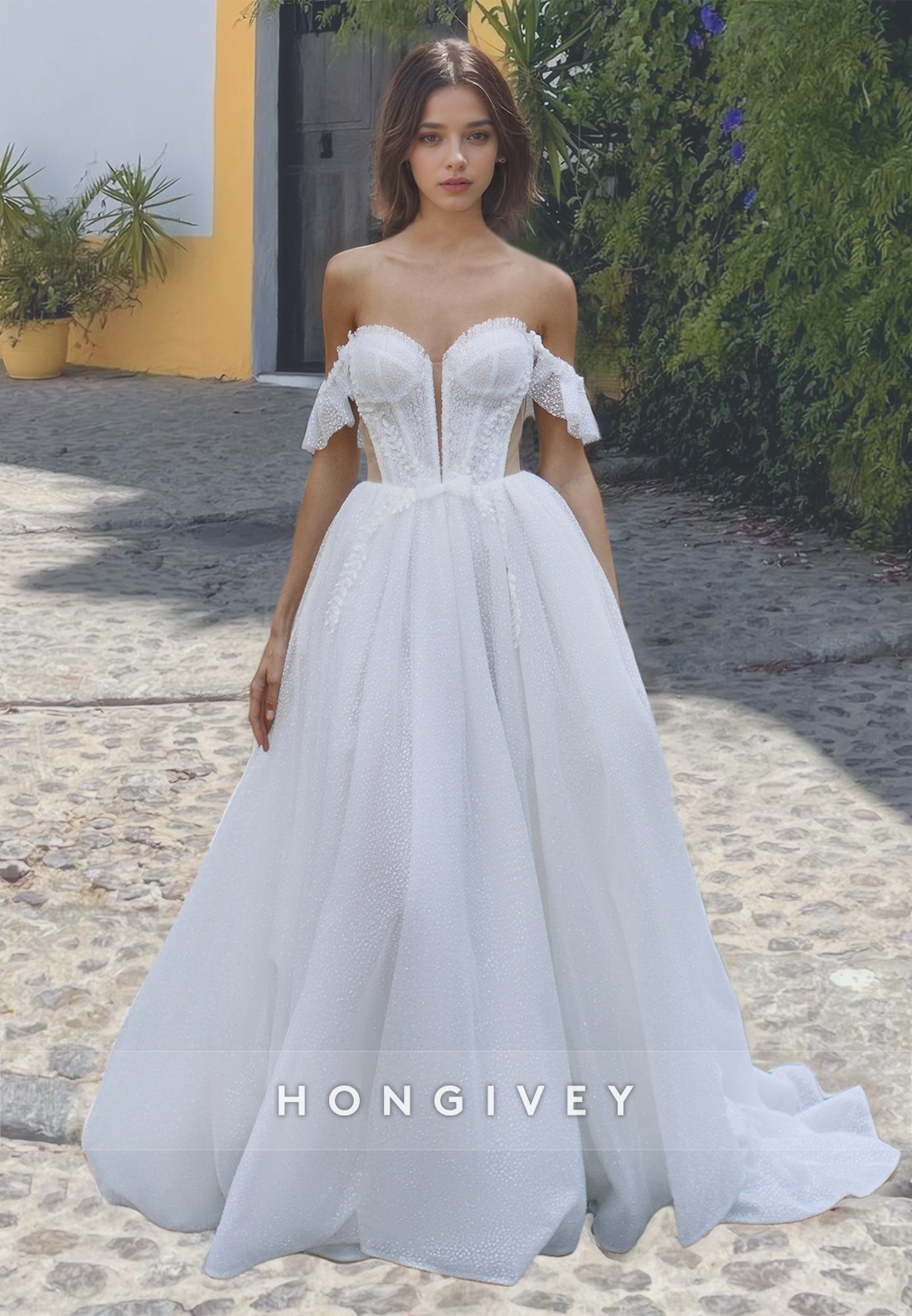 Sexy Applique Off-Shoulder Sheer Back Tulle Wedding Dress 2025 New