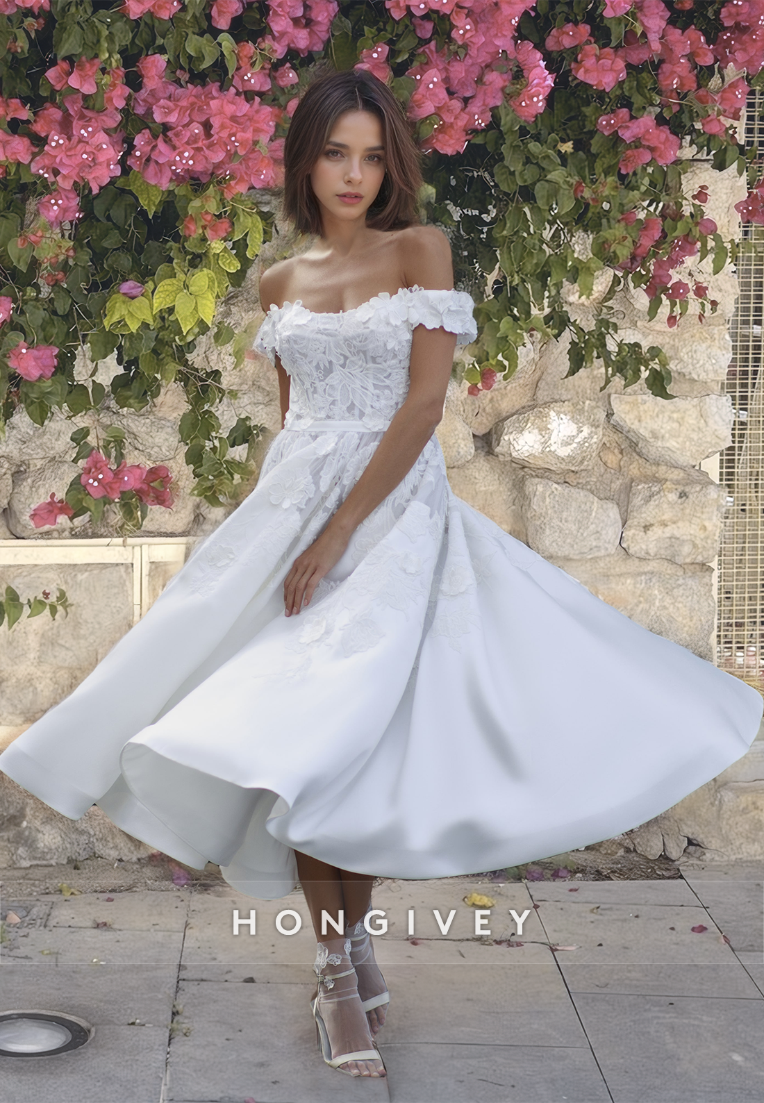 Floral Applique A-Line Wedding Dress Off-Shoulder Satin Midi Dresses