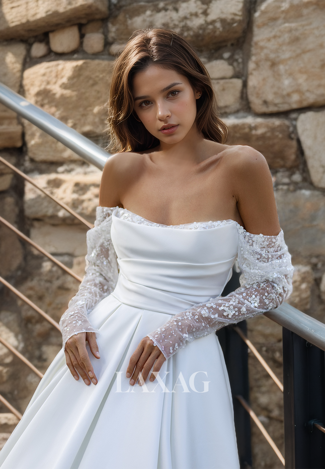 Tube Top Lace Half-Sleeves A-Line Bridal Gowns Pleated and Sequined Satin Wedding Dress - Fashionpara