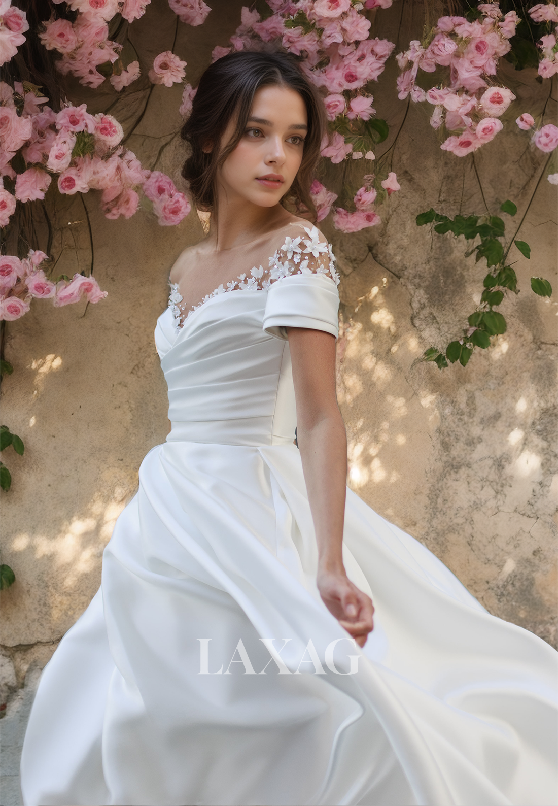 Sweetheart with Beaded and Applique A-Line Wedding Dress Pleated Slit with Train Bridal Gowns - Fashionpara