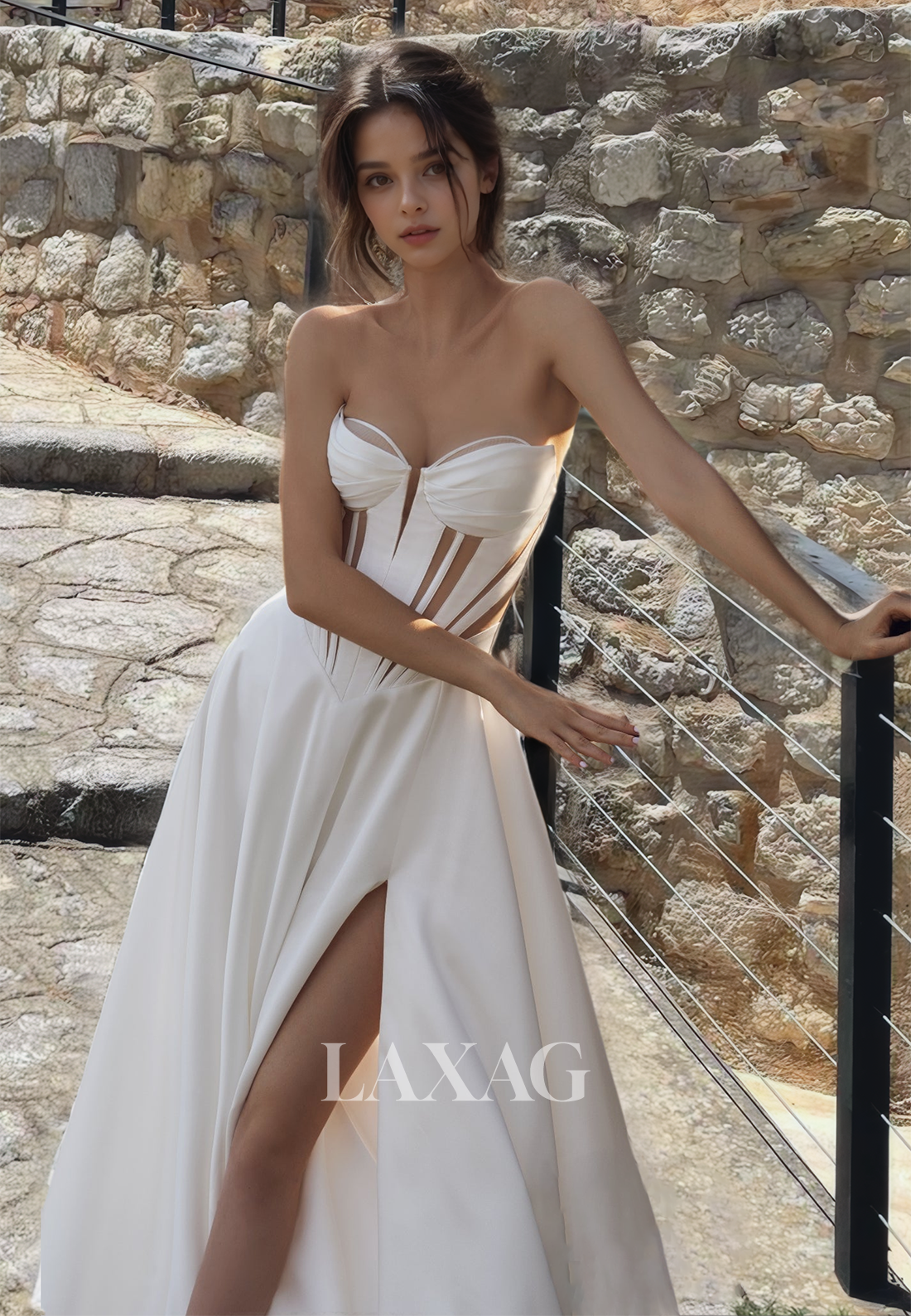 Sweetheart Off-Shoulder Cutout A-Line Wedding Dress Pleated Satin Slit with Train Bridal Gowns - Fashionpara