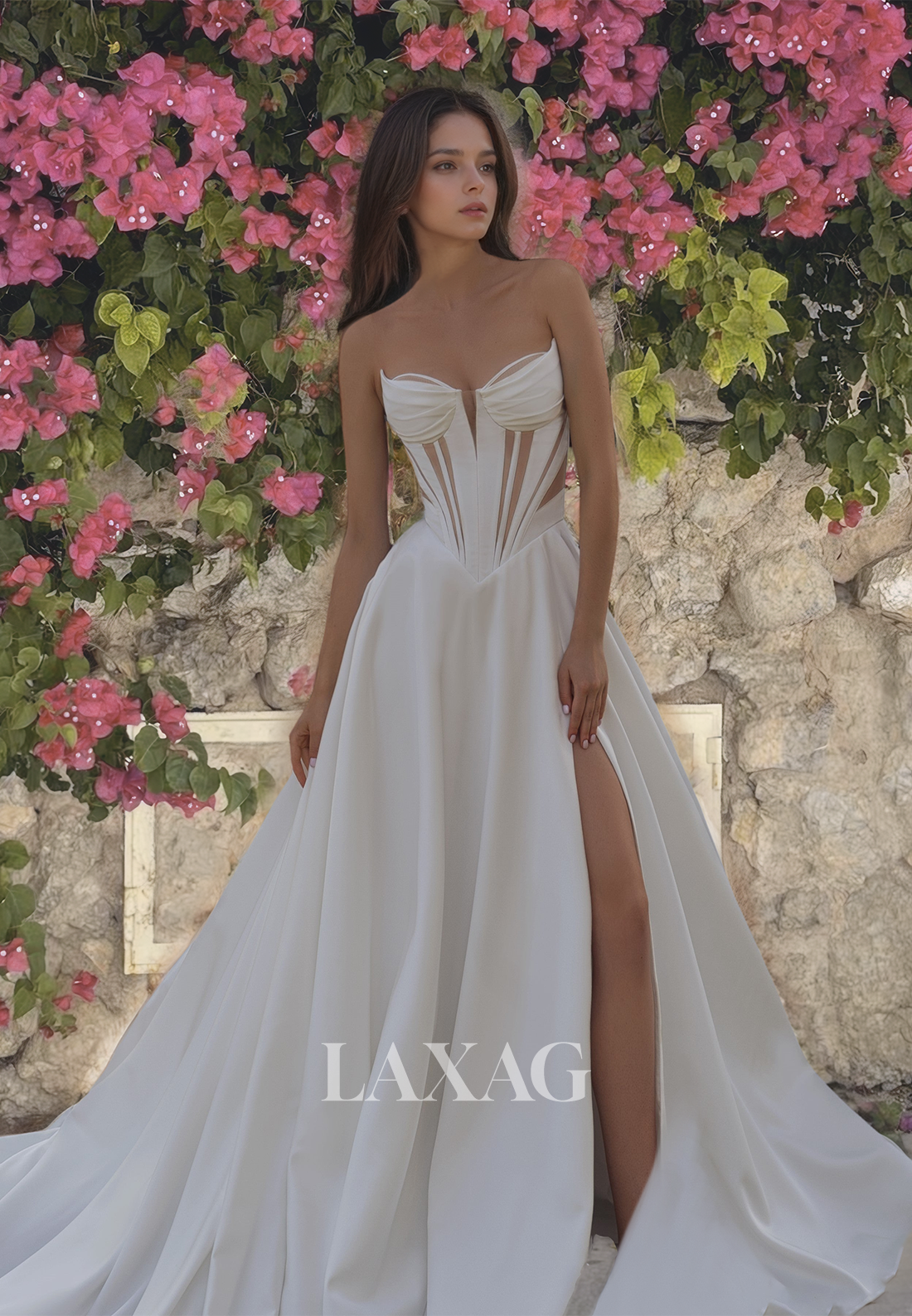 Sweetheart Off-Shoulder Cutout A-Line Wedding Dress Pleated Satin Slit with Train Bridal Gowns - Fashionpara