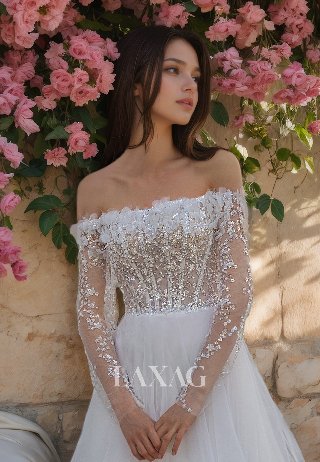 Tube Top Long Sleeves Illusion Cutout A-Line Bridal Dress Beaded and Applique Tulle Wedding Dress - Fashionpara