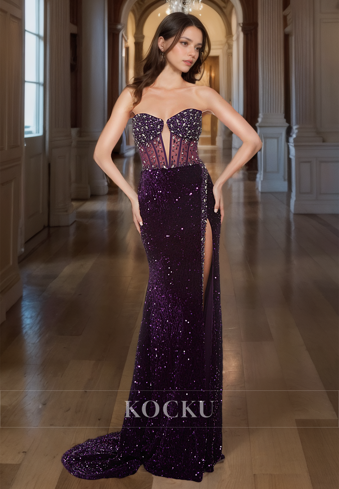 Stunning Sweetheart Sleeveless Side Slit Sheath Sequins Evening Prom Dress with Beaded