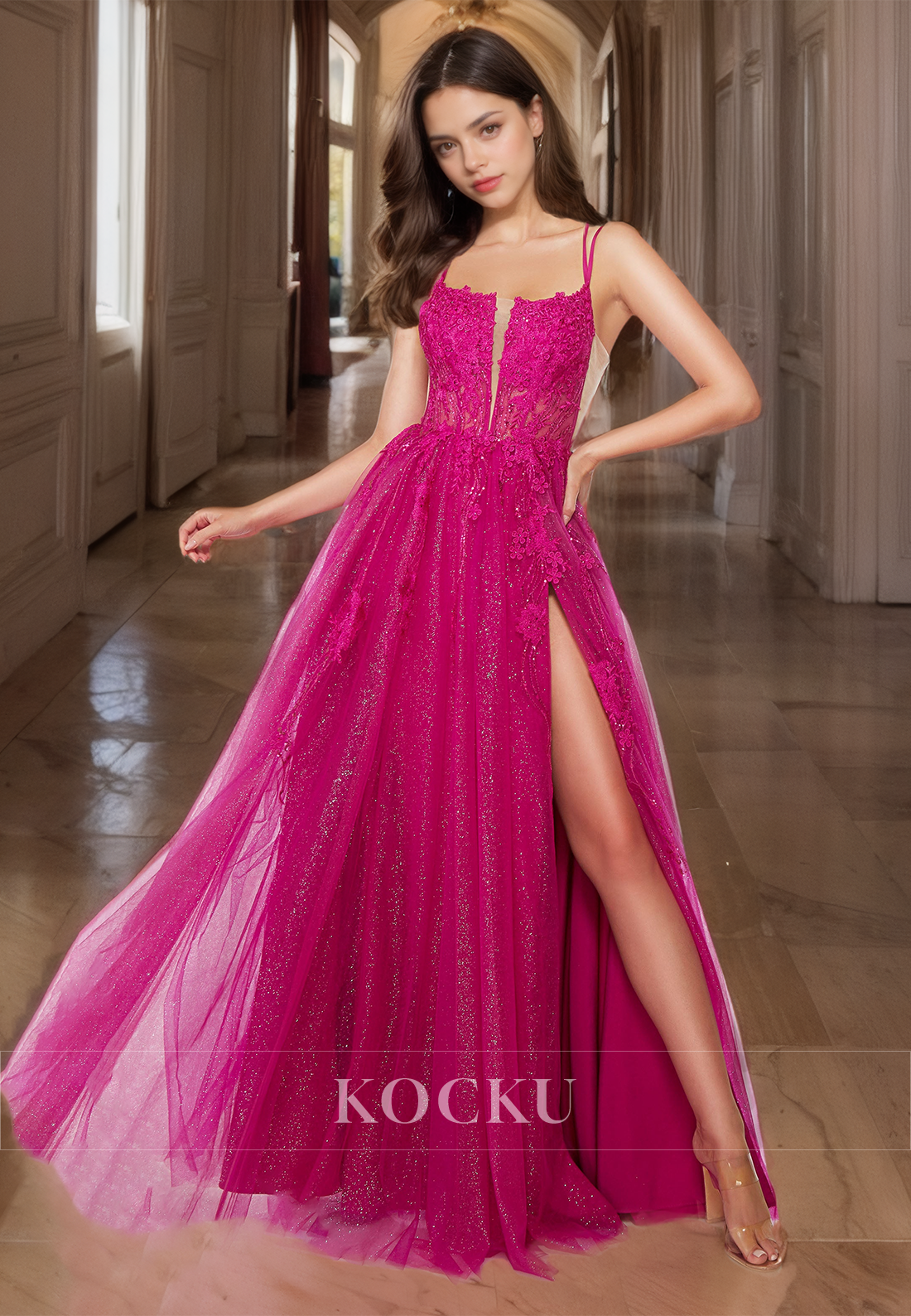 Charming A-Line Appliques Glitter Knit Formal Gown Spaghetti Straps Prom Dress with Slit