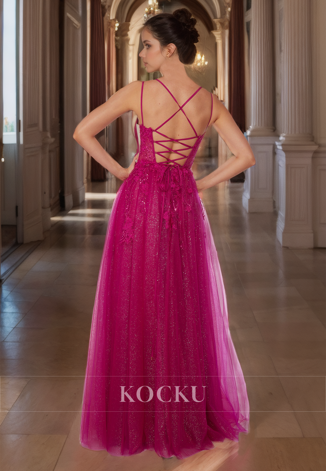 Charming A-Line Appliques Glitter Knit Formal Gown Spaghetti Straps Prom Dress with Slit