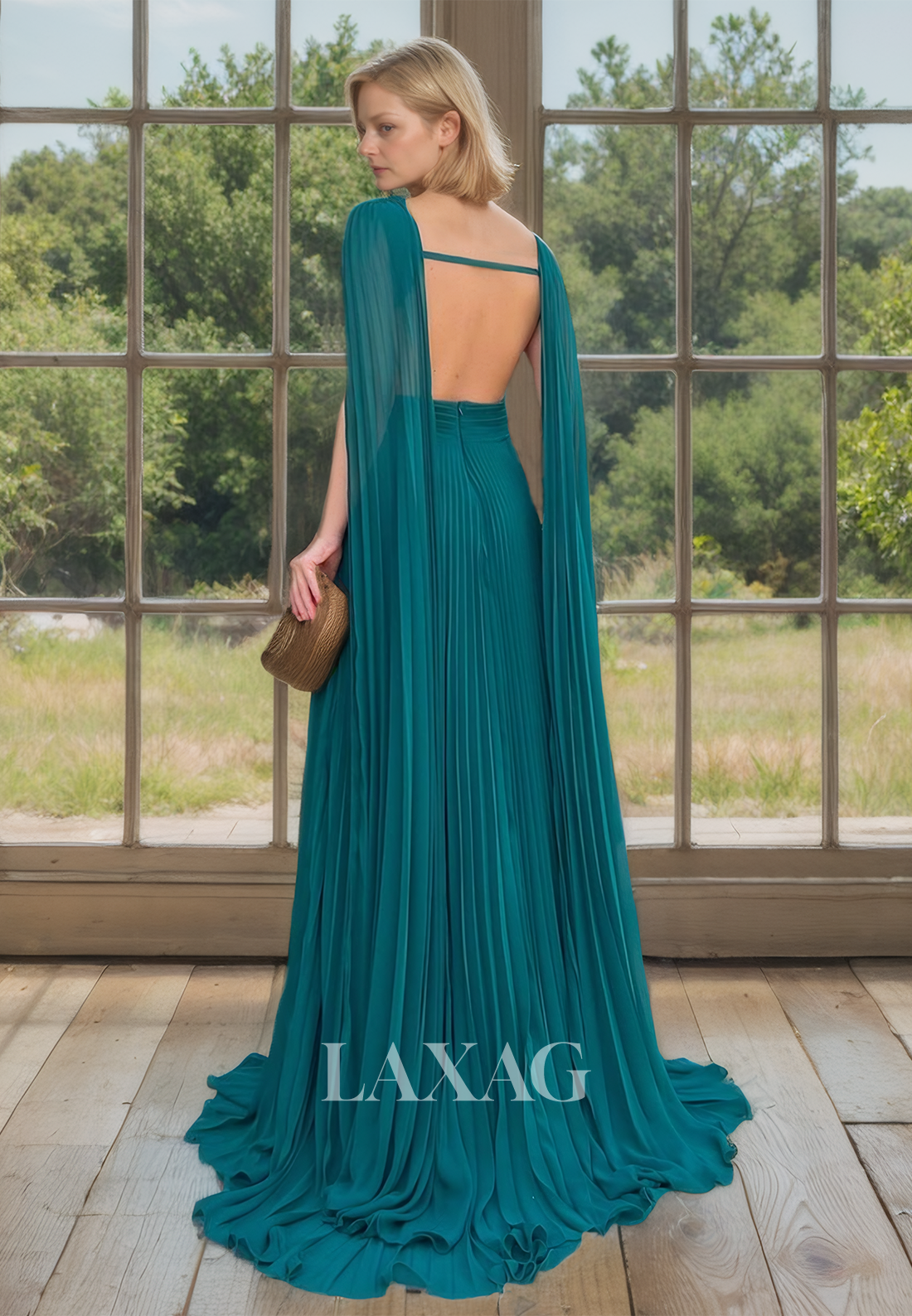 Scoop-Neck Spaghetti Straps Pleated A-Line Mother of the Bridal Dress Sleeveless with Train Dress for Wedding - Fashionpara