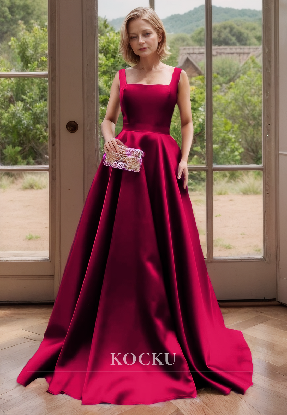 Simple & Casual Square A-Line Spaghetti Straps Train Satin Cocktail Dress Mother of the Bride Dress