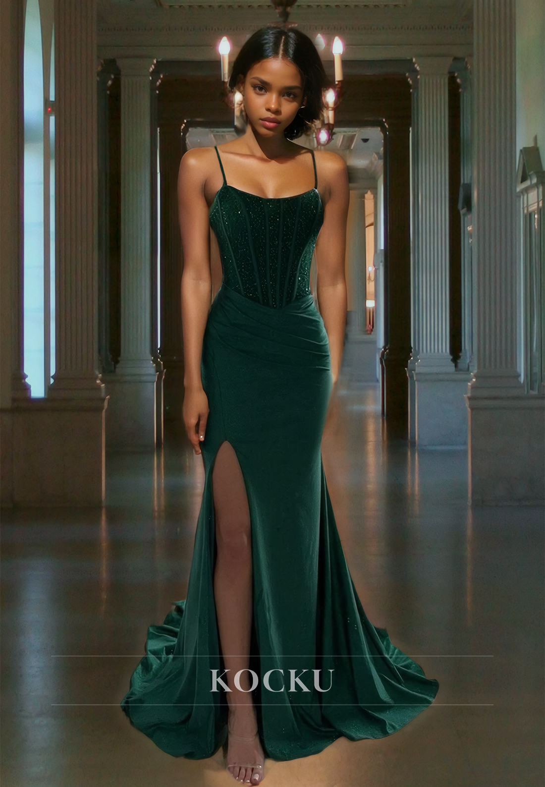 Chic Beaded Spaghetti Straps Sheath Stripe Sweep Train Pleats Prom Evening Dress with Slit