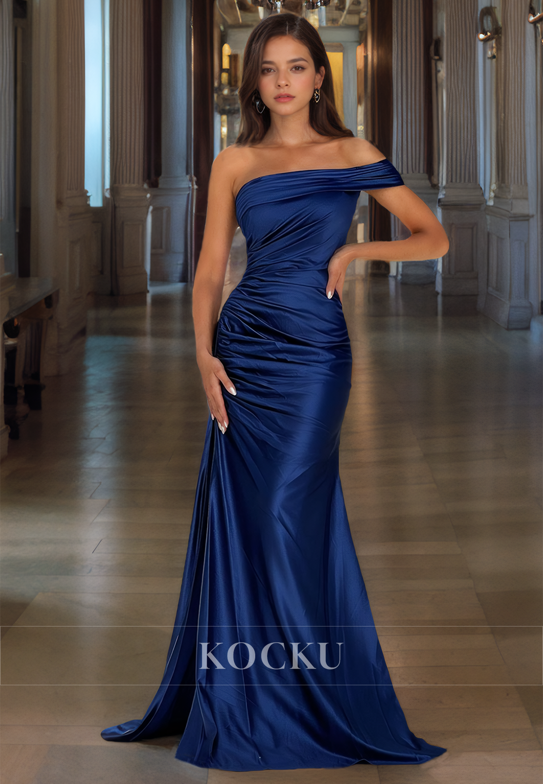 Elegant One Shoulder Sleeveless Mermaid Side Slit Pleated Long Prom Formal Party Dress