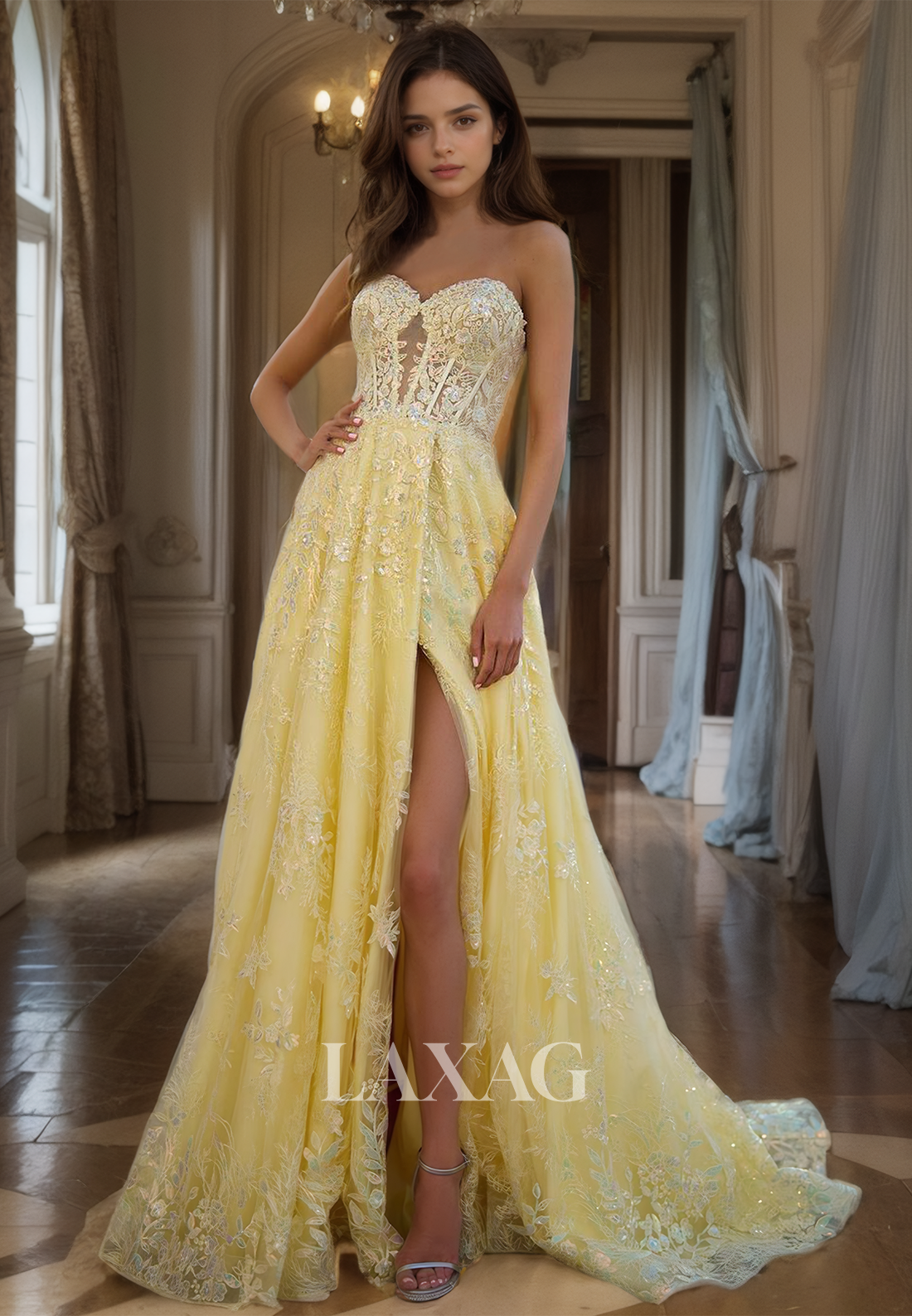 Sweetheart Sleeveless Off-Shoulder A-Line Prom Dress Allover Lace Applique Pleated Party Gowns