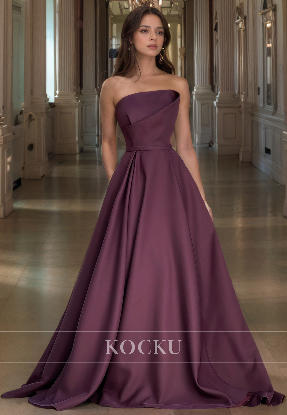 Tube Top A-Line Sleeveless Satin Pleats Long Formal Dress with Train Prom Dress
