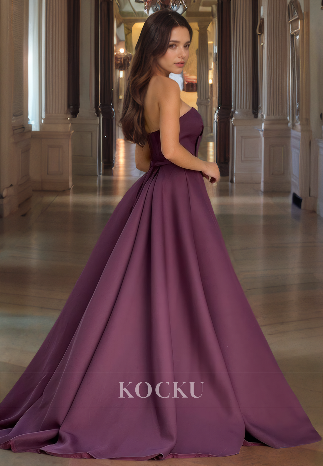 Tube Top A-Line Sleeveless Satin Pleats Long Formal Dress with Train Prom Dress