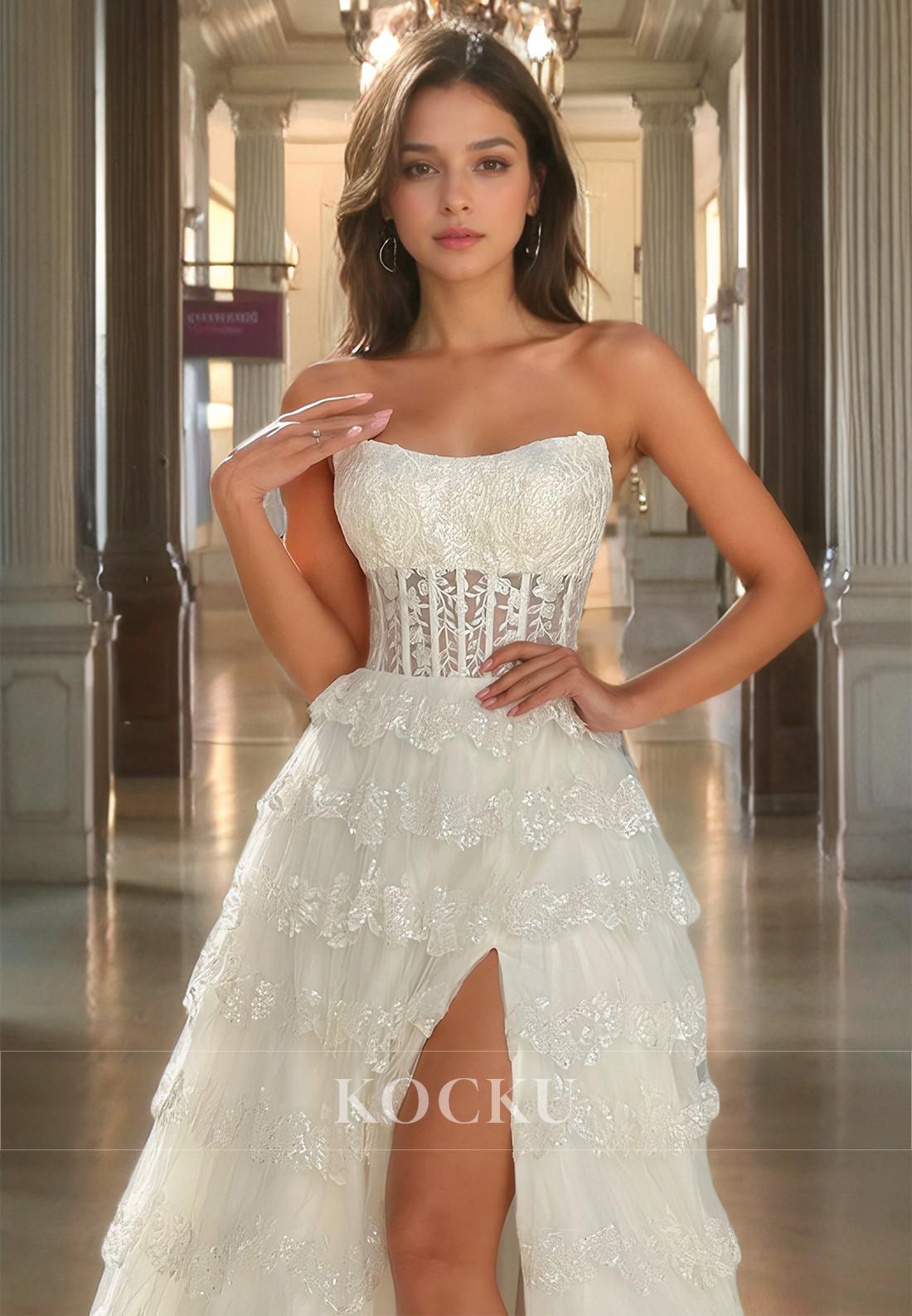 Sweetheart A-Line Sleeveless Stripe Appliques Lace Long Ball Gown Party Prom Dress with Slit
