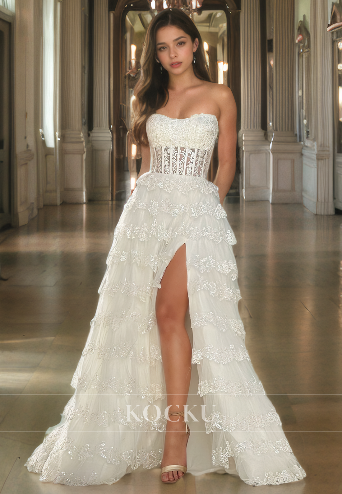 Sweetheart A-Line Sleeveless Stripe Appliques Lace Long Ball Gown Party Prom Dress with Slit