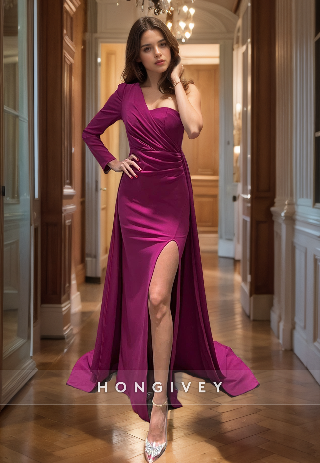 Simple One Sleeve With Train And Slit Party Prom Formal Evening Dress - Fashionpara