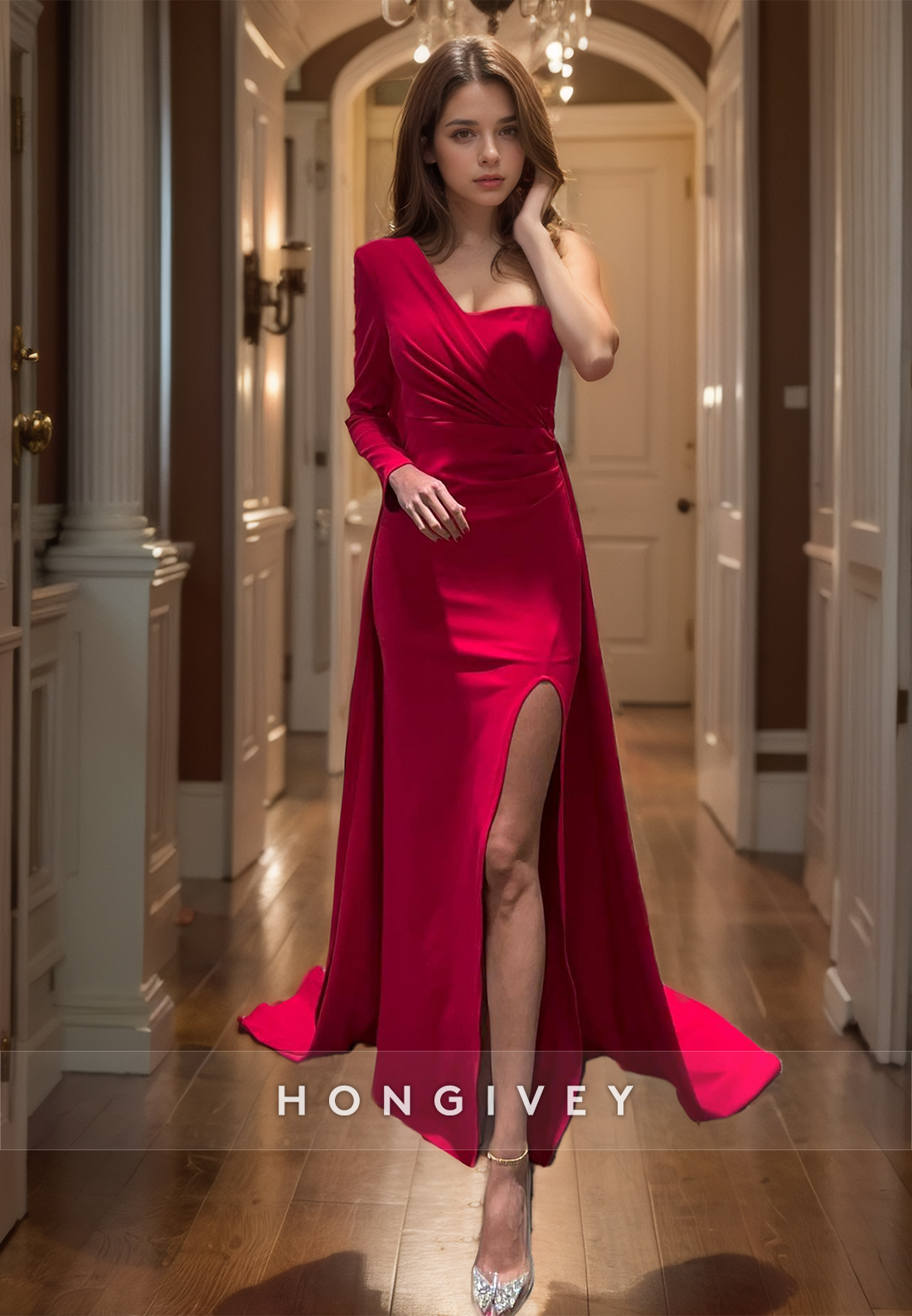 Simple One Sleeve With Train And Slit Party Prom Formal Evening Dress - Fashionpara
