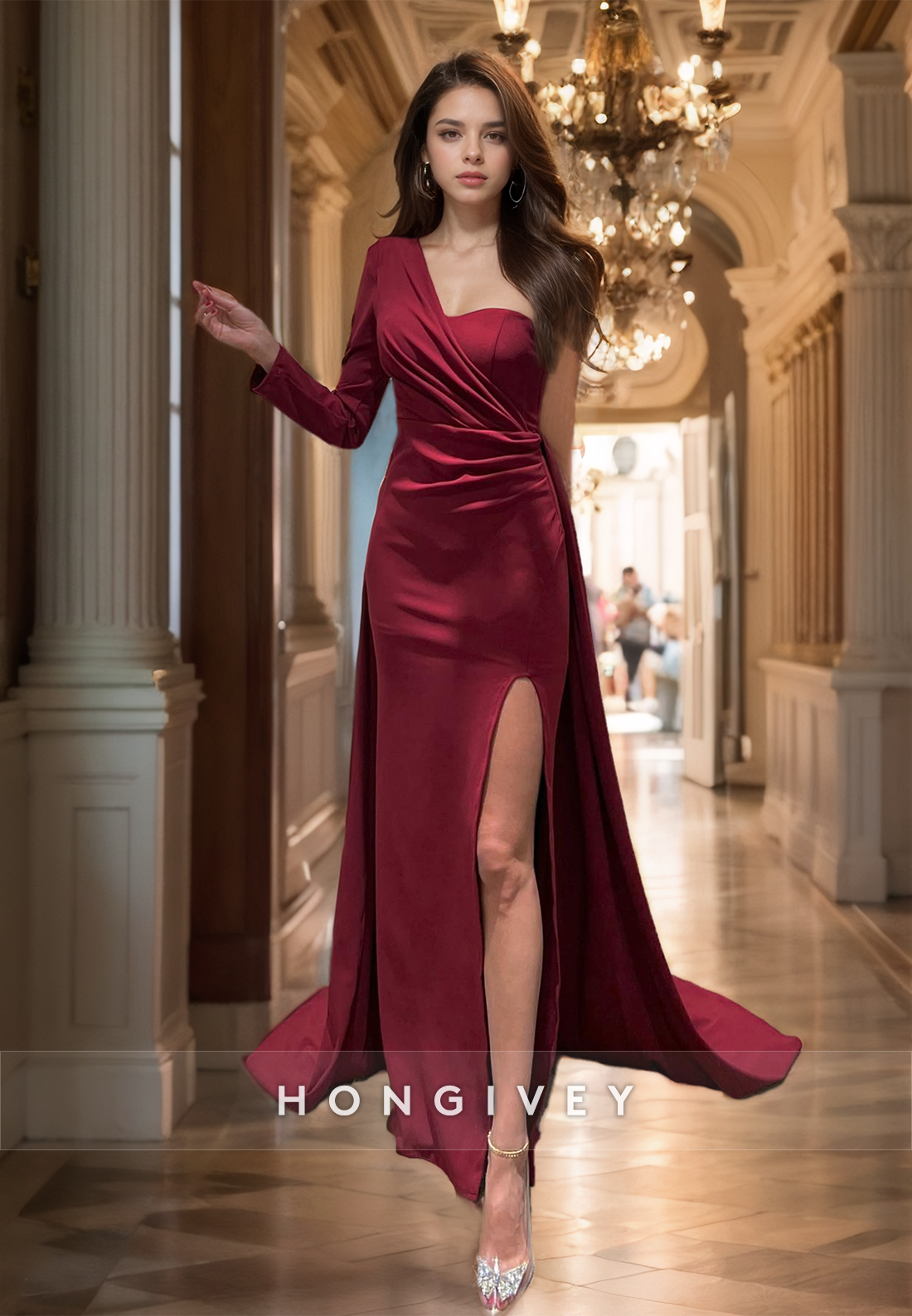 Simple One Sleeve With Train And Slit Party Prom Formal Evening Dress - Fashionpara
