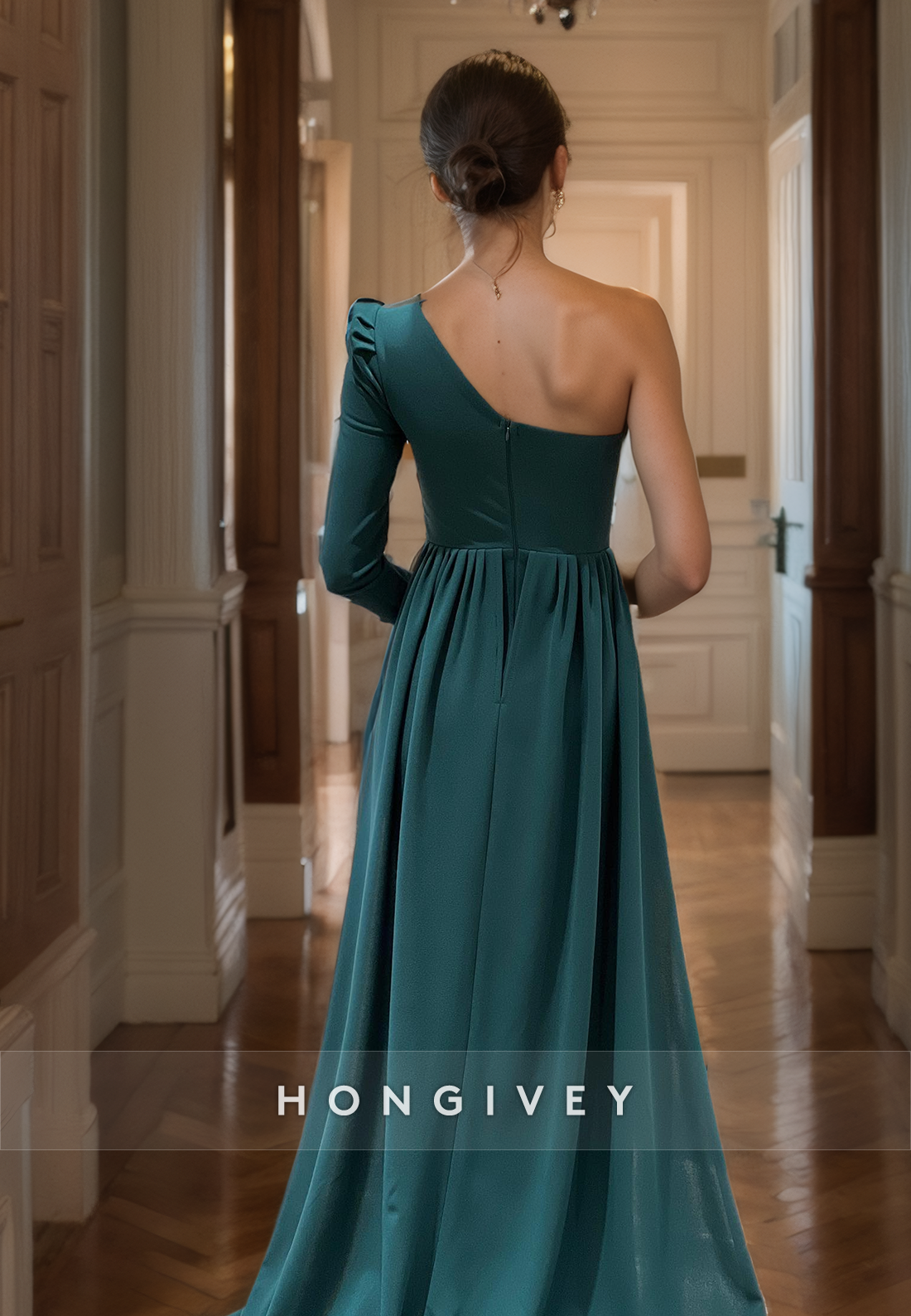Simple One Sleeve With Train And Slit Party Prom Formal Evening Dress - Fashionpara