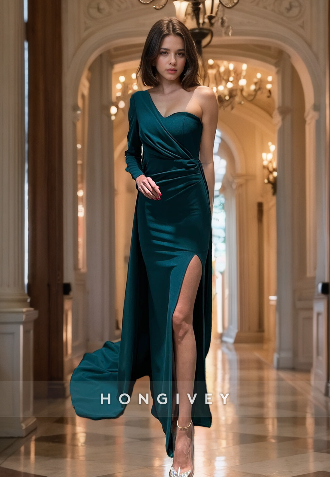 Simple One Sleeve With Train And Slit Party Prom Formal Evening Dress - Fashionpara