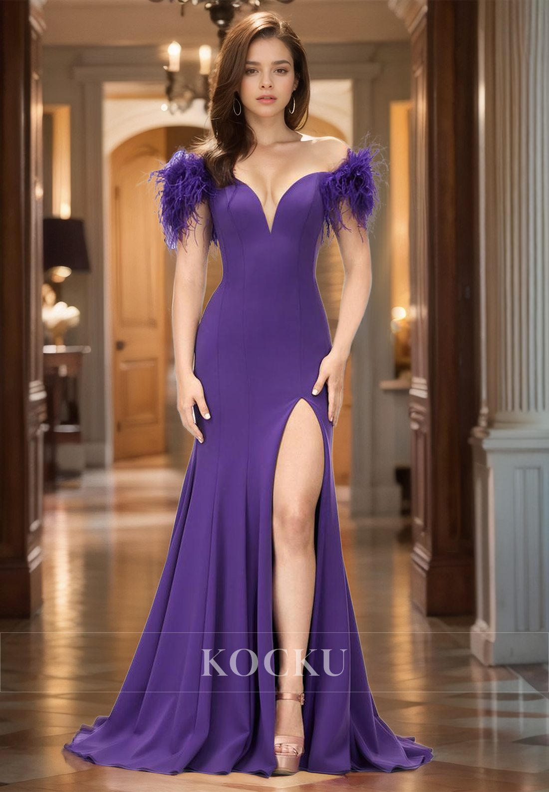 Off-Shoulder Sweetheart Sleeveless Mermaid Sweep Train Slit Prom Dress with Feather Party Dress