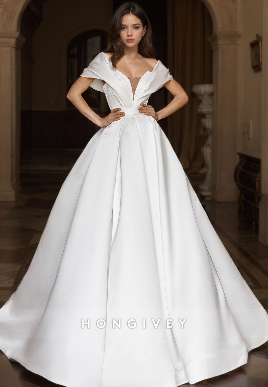 Simple Backless Off-Shoulder Wedding Dresses A-Line with Train Satin Bridal Dresses