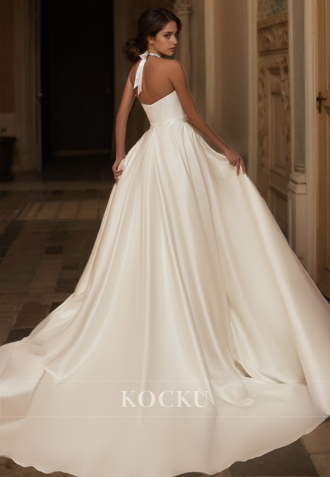 Sweetheart A-Line Sleeveless Stripe High Slit Train Pleats Satin Wedding Dress Bridal Gowns with Bows