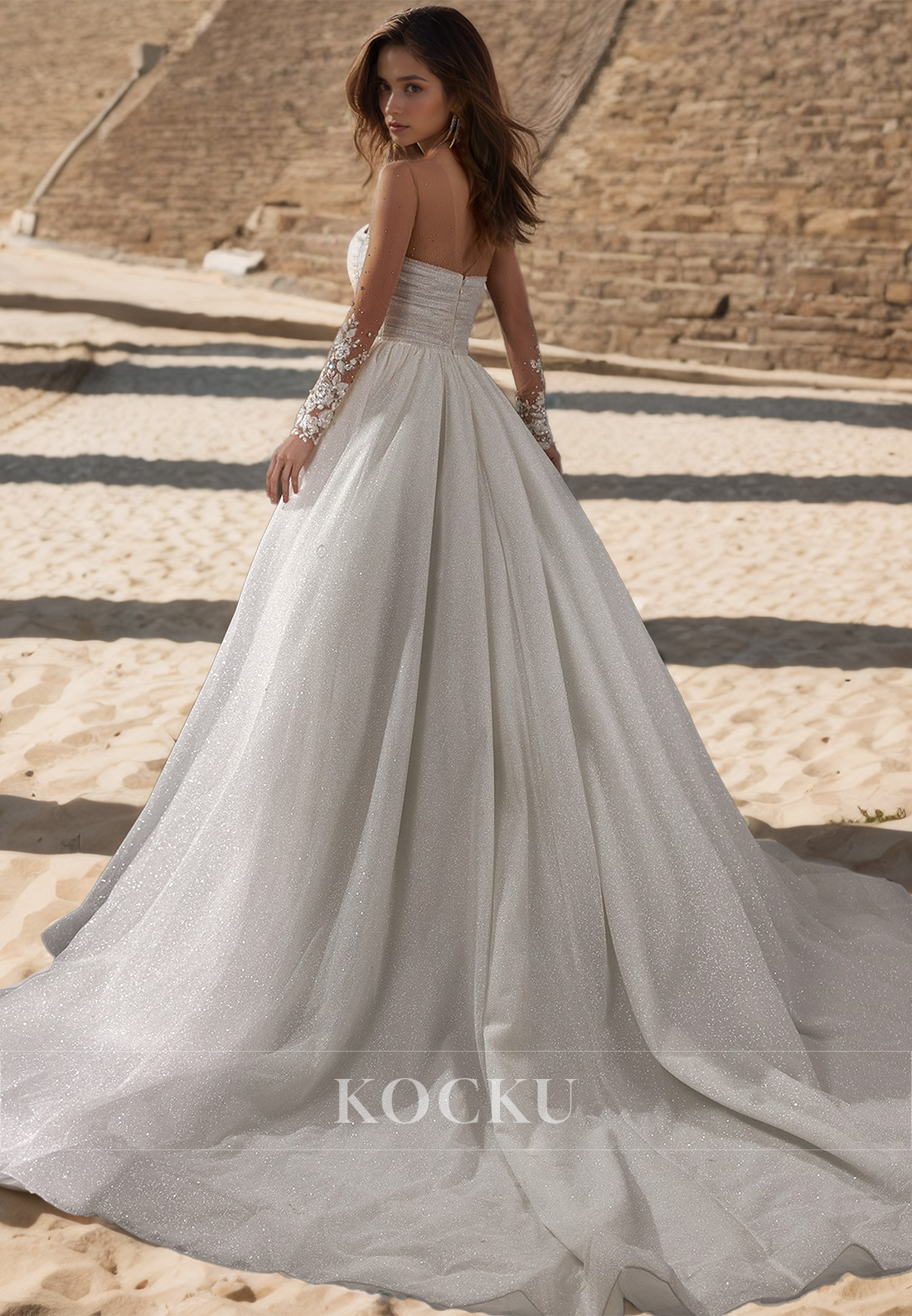 A-Line Scoop Neck Long Sleeves Brush Train Ruched Lace Bridal Gowns with Beaded Wedding Dress