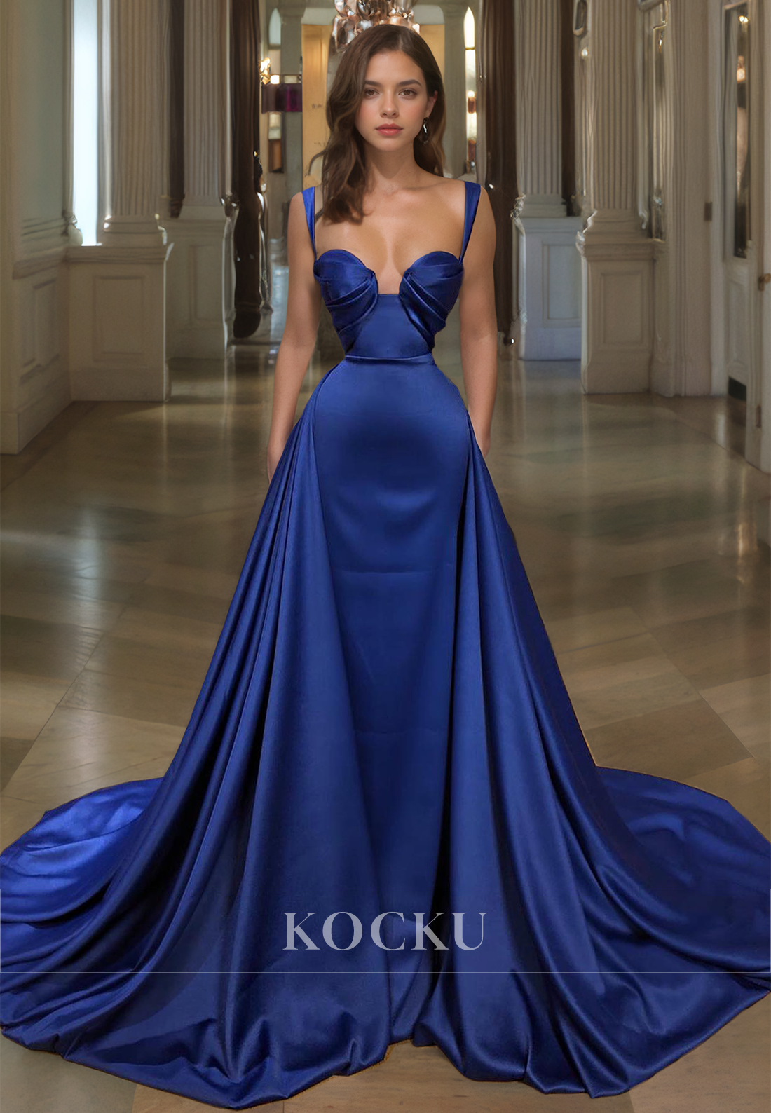 Sweetheart Spaghetti Straps Sheath Prom Dress Sleeveless Ruched Satin Evening Dress with Overskirt