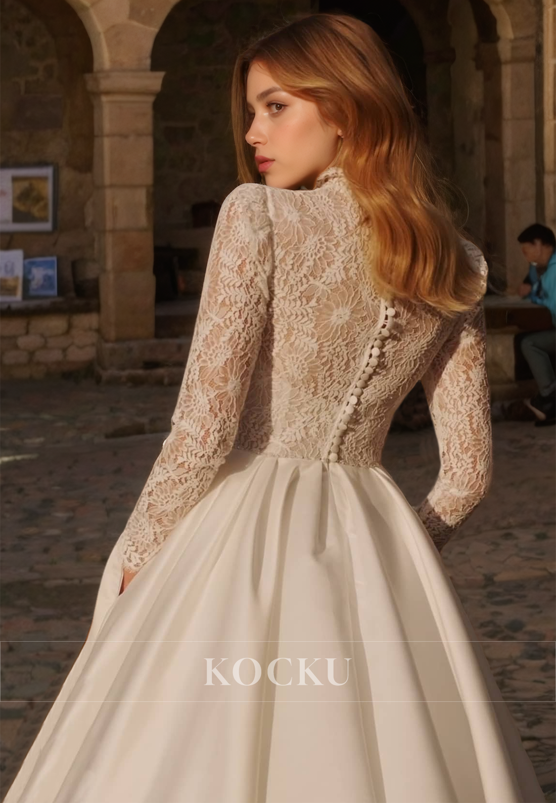 A-Line High Neck Long Sleeves Train Appliques Pleated Satin Bridal Gowns with Pockets Wedding Dress