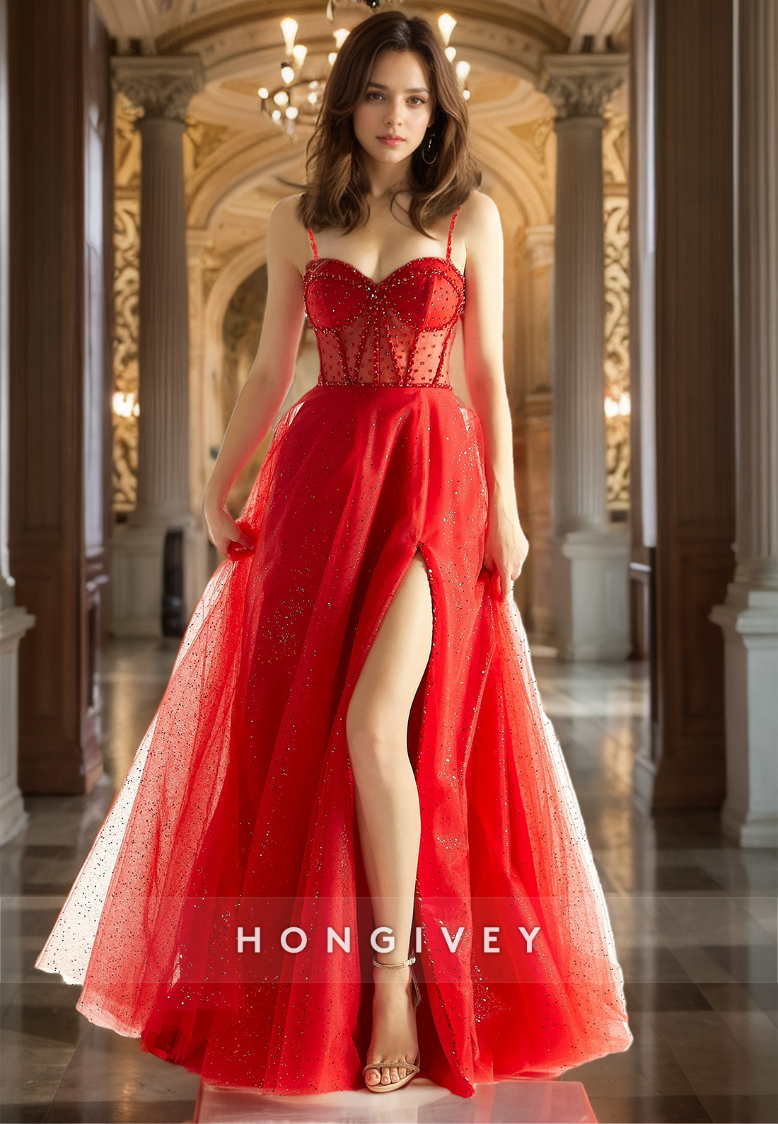 Straps A-Line Tulle Prom Dress Glitter Beaded with Side Slit Ball Gown 2025 New