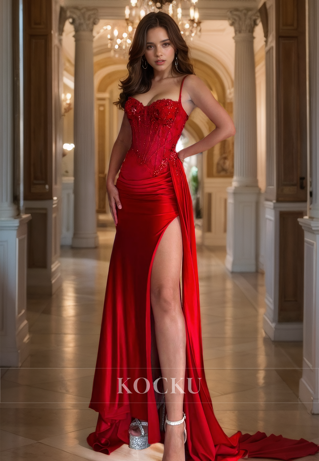 Spaghetti Straps Sweetheart Sheath High Slit Train Pleats Satin Prom Dress with Appliques Party Gown